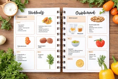 Grafika przedstawiająca spersonalizowany plan żywieniowy z ikonami zdrowej żywności i notesem.