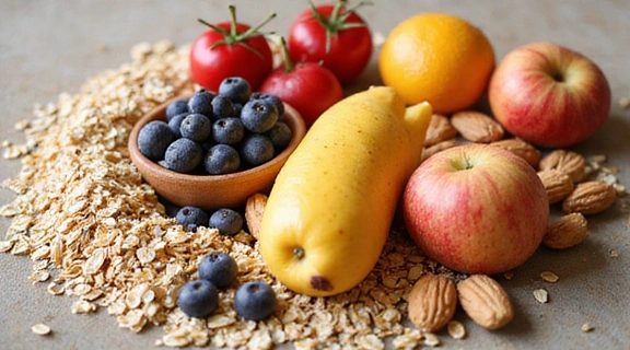 Różnorodność produktów śniadaniowych, takich jak owsianka, owoce i orzechy, symbolizująca idealne śniadanie.